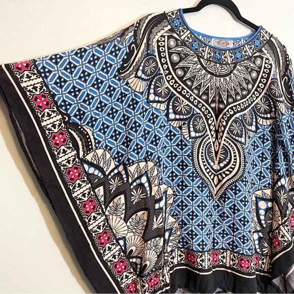 Flying Tomato Women's Blue Rayon Paisley Print Pullover Poncho Top Size Large - Picture 3 of 13